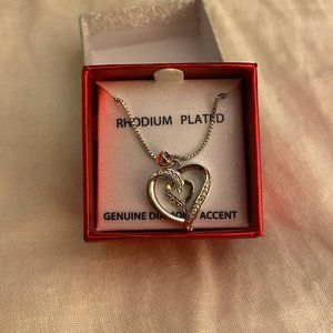 Rhodium Plated Heart with Genuine Dimond Accents Necklace